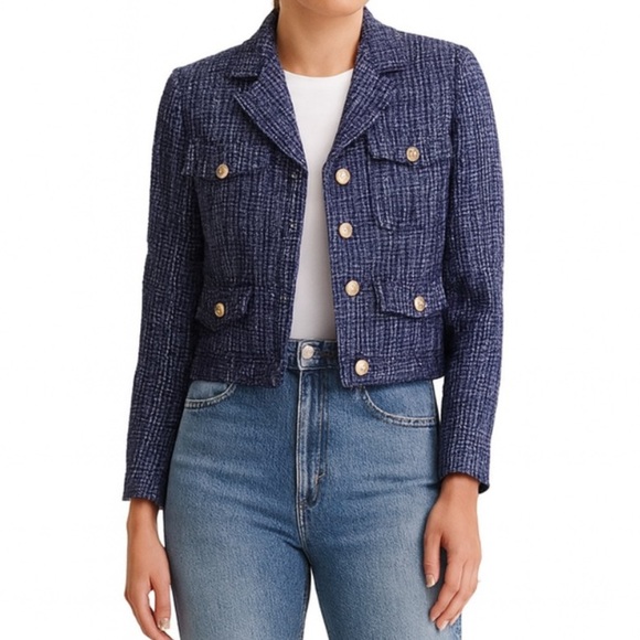 NWT Aqua Tweed Boucle Jacket Blue Metallic Gold Threading Size M - Picture 10 of 12